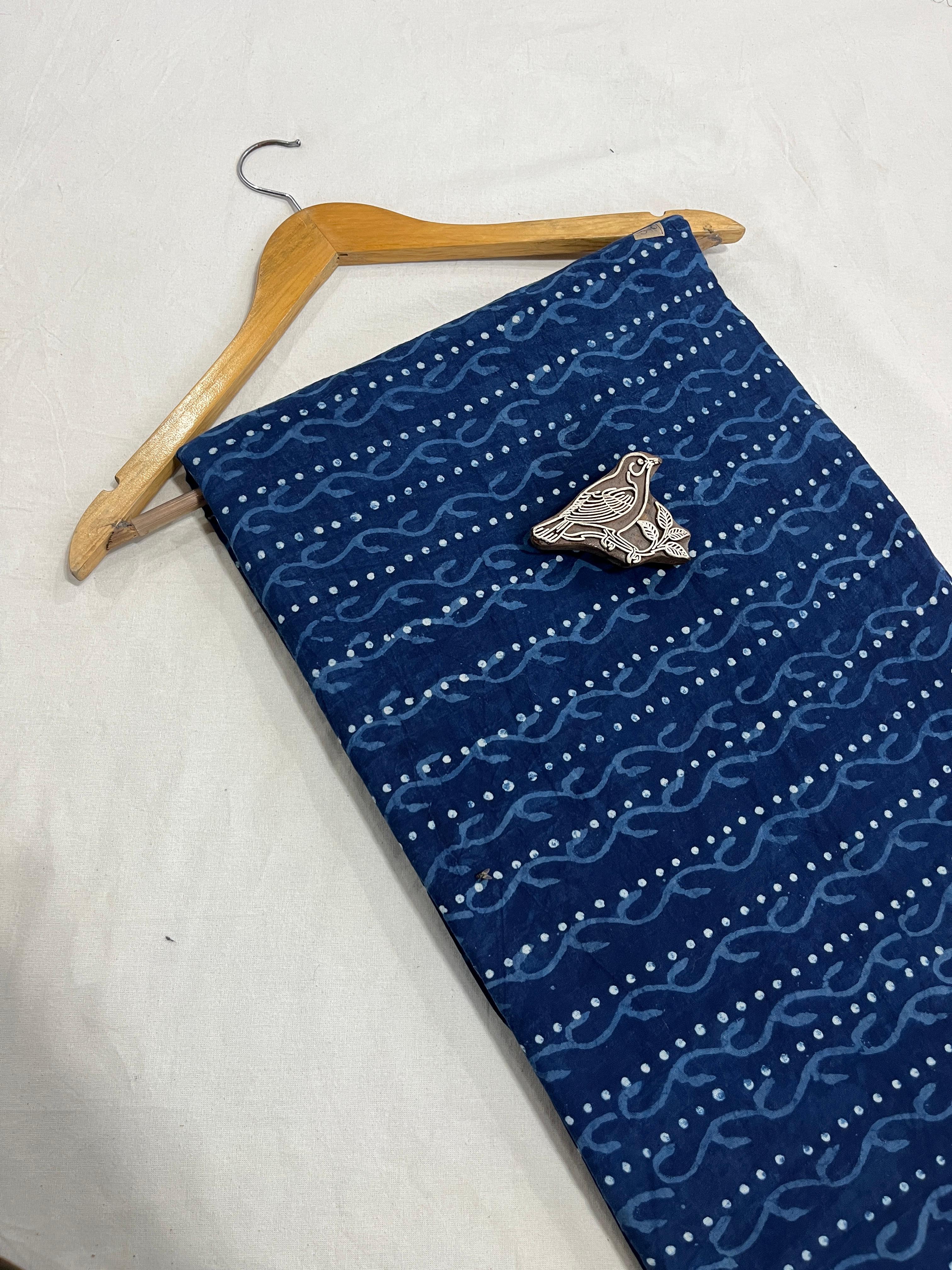 Indigo border Dabu handblock printed cotton fabric, natural dyed pure cotton textile for wholesale buyers